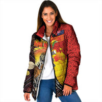 Australia and Papua New Guinea Together Padded Jacket Bird-of-paradise and Kangaroo with Oro Tapa and Aboriginal Art Motifs LT03 Women Black - Polynesian Pride