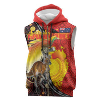 Australia and Papua New Guinea Together Sleeveless Zip Hoodie Bird-of-paradise and Kangaroo with Oro Tapa and Aboriginal Art Motifs LT03 Black - Polynesian Pride