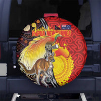 Australia and Papua New Guinea Together Spare Tire Cover Bird-of-paradise and Kangaroo with Oro Tapa and Aboriginal Art Motifs LT03 No hole Black - Polynesian Pride