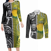 Custom Rugby New Zealand and South Africa Couples Matching Long Sleeve Bodycon Dress and Long Sleeve Button Shirt Greatest Rivalry Silver Fern and Antelope