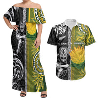 Custom Rugby New Zealand and South Africa Couples Matching Off Shoulder Maxi Dress and Hawaiian Shirt Greatest Rivalry Silver Fern and Antelope