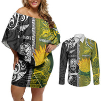 Custom Rugby New Zealand and South Africa Couples Matching Off Shoulder Short Dress and Long Sleeve Button Shirt Greatest Rivalry Silver Fern and Antelope
