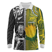 Custom Rugby New Zealand and South Africa Long Sleeve Polo Shirt Greatest Rivalry Silver Fern and Antelope