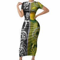 Custom Rugby New Zealand and South Africa Short Sleeve Bodycon Dress Greatest Rivalry Silver Fern and Antelope