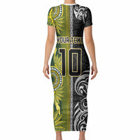 Custom Rugby New Zealand and South Africa Short Sleeve Bodycon Dress Greatest Rivalry Silver Fern and Antelope