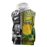 Custom Rugby New Zealand and South Africa Sleeveless Zip Hoodie Greatest Rivalry Silver Fern and Antelope