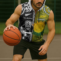 Custom Rugby New Zealand and South Africa Sleeveless Zip Hoodie Greatest Rivalry Silver Fern and Antelope