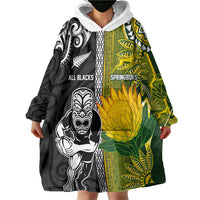 Custom Rugby New Zealand and South Africa Wearable Blanket Hoodie Greatest Rivalry Silver Fern and Antelope