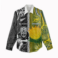Custom Rugby New Zealand and South Africa Women Casual Shirt Greatest Rivalry Silver Fern and Antelope