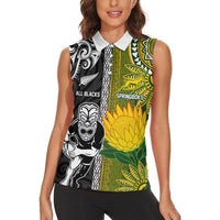 Custom Rugby New Zealand and South Africa Women Sleeveless Polo Shirt Greatest Rivalry Silver Fern and Antelope