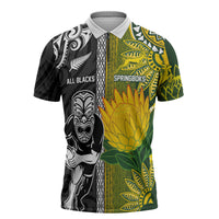 Custom Rugby New Zealand and South Africa Zipper Polo Shirt Greatest Rivalry Silver Fern and Antelope