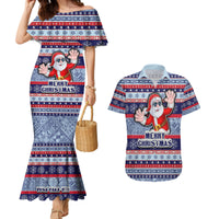 Fiji Christmas Couples Matching Mermaid Dress and Hawaiian Shirt Fijian Santa and Coat of Arms Mix Tapa Pattern Striped Style LT03 Blue - Polynesian Pride