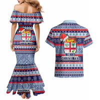 Fiji Christmas Couples Matching Mermaid Dress and Hawaiian Shirt Fijian Santa and Coat of Arms Mix Tapa Pattern Striped Style LT03 - Polynesian Pride