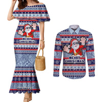 Fiji Christmas Couples Matching Mermaid Dress and Long Sleeve Button Shirts Fijian Santa and Coat of Arms Mix Tapa Pattern Striped Style LT03 Blue - Polynesian Pride
