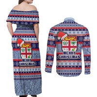 Fiji Christmas Couples Matching Off Shoulder Maxi Dress and Long Sleeve Button Shirts Fijian Santa and Coat of Arms Mix Tapa Pattern Striped Style LT03 - Polynesian Pride