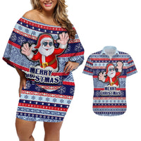 Fiji Christmas Couples Matching Off Shoulder Short Dress and Hawaiian Shirt Fijian Santa and Coat of Arms Mix Tapa Pattern Striped Style LT03 Blue - Polynesian Pride