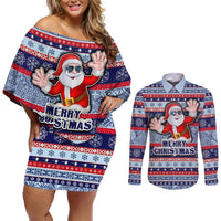 Fiji Christmas Couples Matching Off Shoulder Short Dress and Long Sleeve Button Shirts Fijian Santa and Coat of Arms Mix Tapa Pattern Striped Style LT03 Blue - Polynesian Pride