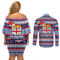 Fiji Christmas Couples Matching Off Shoulder Short Dress and Long Sleeve Button Shirts Fijian Santa and Coat of Arms Mix Tapa Pattern Striped Style LT03 - Polynesian Pride