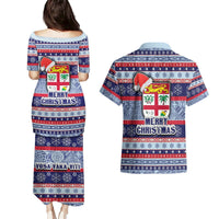 Fiji Christmas Couples Matching Puletasi Dress and Hawaiian Shirt Fijian Santa and Coat of Arms Mix Tapa Pattern Striped Style LT03 - Polynesian Pride