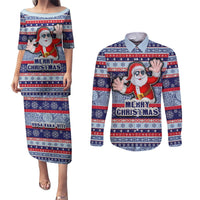 Fiji Christmas Couples Matching Puletasi Dress and Long Sleeve Button Shirts Fijian Santa and Coat of Arms Mix Tapa Pattern Striped Style LT03 Blue - Polynesian Pride