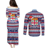Fiji Christmas Couples Matching Puletasi Dress and Long Sleeve Button Shirts Fijian Santa and Coat of Arms Mix Tapa Pattern Striped Style LT03 - Polynesian Pride