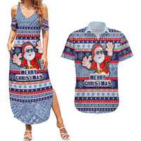 Fiji Christmas Couples Matching Summer Maxi Dress and Hawaiian Shirt Fijian Santa and Coat of Arms Mix Tapa Pattern Striped Style LT03 Blue - Polynesian Pride