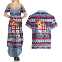 Fiji Christmas Couples Matching Summer Maxi Dress and Hawaiian Shirt Fijian Santa and Coat of Arms Mix Tapa Pattern Striped Style LT03 - Polynesian Pride