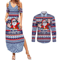Fiji Christmas Couples Matching Summer Maxi Dress and Long Sleeve Button Shirts Fijian Santa and Coat of Arms Mix Tapa Pattern Striped Style LT03 Blue - Polynesian Pride