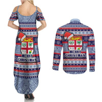 Fiji Christmas Couples Matching Summer Maxi Dress and Long Sleeve Button Shirts Fijian Santa and Coat of Arms Mix Tapa Pattern Striped Style LT03 - Polynesian Pride