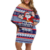 Fiji Christmas Off Shoulder Short Dress Fijian Santa and Coat of Arms Mix Tapa Pattern Striped Style LT03 Women Blue - Polynesian Pride