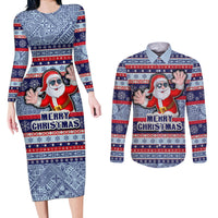 Custom Fiji Christmas Couples Matching Long Sleeve Bodycon Dress and Long Sleeve Button Shirts Fijian Santa and Coat of Arms Mix Tapa Pattern Striped Style LT03 Blue - Polynesian Pride