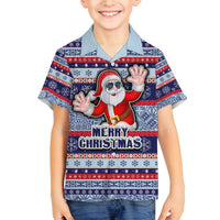 Custom Fiji Christmas Family Matching Off Shoulder Maxi Dress and Hawaiian Shirt Fijian Santa and Coat of Arms Mix Tapa Pattern Striped Style LT03 Son's Shirt Blue - Polynesian Pride