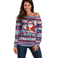Custom Fiji Christmas Off Shoulder Sweater Fijian Santa and Coat of Arms Mix Tapa Pattern Striped Style LT03 Women Blue - Polynesian Pride