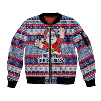 Custom Fiji Christmas Sleeve Zip Bomber Jacket Fijian Santa and Coat of Arms Mix Tapa Pattern Striped Style LT03 Unisex Blue - Polynesian Pride
