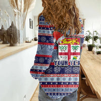 Custom Fiji Christmas Women Casual Shirt Fijian Santa and Coat of Arms Mix Tapa Pattern Striped Style LT03 - Polynesian Pride