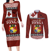 Tongan Culture Couples Matching Long Sleeve Bodycon Dress and Long Sleeve Button Shirt Ngatu Art Tattoo and Emblem of Tonga LT03 Red - Polynesian Pride