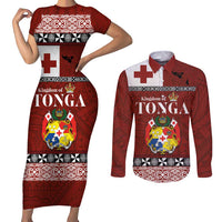 Tongan Culture Couples Matching Short Sleeve Bodycon Dress and Long Sleeve Button Shirt Ngatu Art Tattoo and Emblem of Tonga LT03 Red - Polynesian Pride