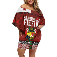 Tongan Christmas Off Shoulder Short Dress Kilisimasi Fiefia with Ngatu Art Tattoo LT03 Women Red - Polynesian Pride