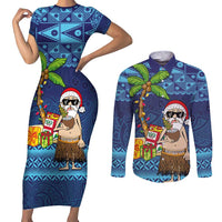 The Funny Santa Wears Sulu Christmas Couples Matching Short Sleeve Bodycon Dress and Long Sleeve Button Shirt Fijian Christmas Palm Tree With Masi Art Tattoo LT03 Blue - Polynesian Pride