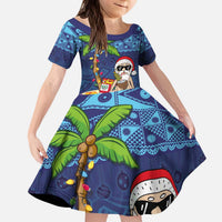 The Funny Santa Wears Sulu Christmas Kid Short Sleeve Dress Fijian Christmas Palm Tree With Masi Art Tattoo LT03 KID Blue - Polynesian Pride