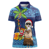 The Funny Santa Wears Sulu Christmas Women Polo Shirt Fijian Christmas Palm Tree With Masi Art Tattoo LT03 Female Blue - Polynesian Pride