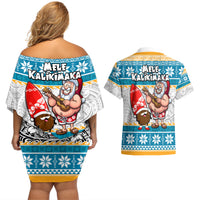 Hawaii Mele Kalikimaka Couples Matching Off Shoulder Short Dress and Hawaiian Shirt Funny Santa and Coconut Mix Kakau Pattern LT03 - Polynesian Pride