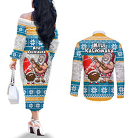 Hawaii Mele Kalikimaka Couples Matching Off The Shoulder Long Sleeve Dress and Long Sleeve Button Shirt Funny Santa and Coconut Mix Kakau Pattern LT03 - Polynesian Pride