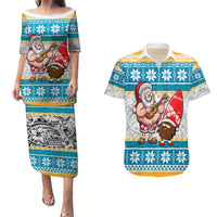 Hawaii Mele Kalikimaka Couples Matching Puletasi Dress and Hawaiian Shirt Funny Santa and Coconut Mix Kakau Pattern LT03 Blue - Polynesian Pride