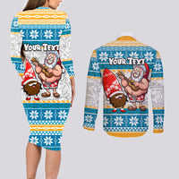 Custom Hawaii Mele Kalikimaka Couples Matching Long Sleeve Bodycon Dress and Long Sleeve Button Shirt Funny Santa and Coconut Mix Kakau Pattern LT03 - Polynesian Pride