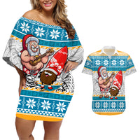 Custom Hawaii Mele Kalikimaka Couples Matching Off Shoulder Short Dress and Hawaiian Shirt Funny Santa and Coconut Mix Kakau Pattern LT03 Blue - Polynesian Pride
