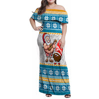 Custom Hawaii Mele Kalikimaka Family Matching Off Shoulder Maxi Dress and Hawaiian Shirt Funny Santa and Coconut Mix Kakau Pattern LT03 Mom's Dress Blue - Polynesian Pride