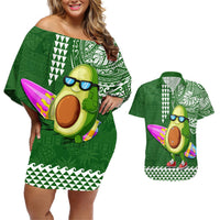 Hawaii Couples Matching Off Shoulder Short Dress and Hawaiian Shirt Aloha Funny Avocado Mix Kakau Hawaiian Tribal LT03 Green - Polynesian Pride