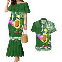 Aloha Avocado Funny Fruits Custom Couples Matching Mermaid Dress and Hawaiian Shirt Mix Hawaiian Kakau Tribal LT03 Green - Polynesian Pride