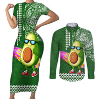 Aloha Avocado Funny Fruits Custom Couples Matching Short Sleeve Bodycon Dress and Long Sleeve Button Shirt Mix Hawaiian Kakau Tribal LT03 Green - Polynesian Pride